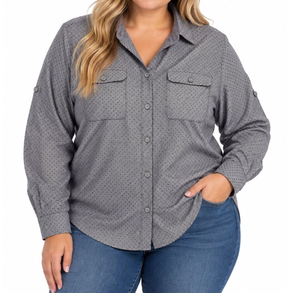 LOFT Women’s Gray Black Polka Dot Roll-Tab Button-Down Blouse | Size Large